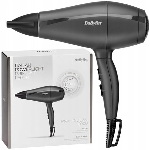 Babyliss Hair Dryer Power Dry Light 2000, Super DC Motor 2000 Watts, 2 Heat & 2 Speed Settings, Lockable Cold Shot, Made in Italy, Black – 5910E