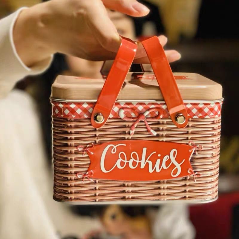 Original Large Handle Tin Box Biscuit Tin Box Biscuit Box Wedding Candy Box Souvenir for Candy Snack Packaging (Red)