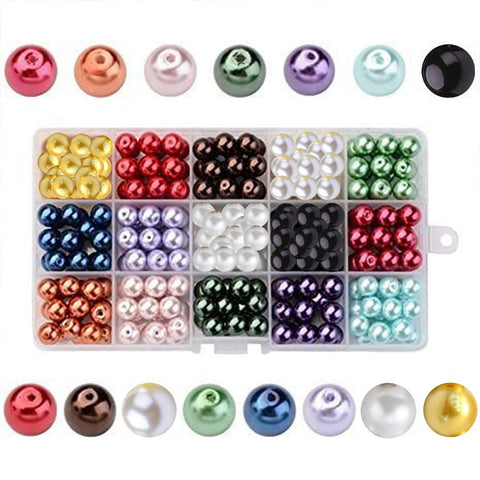 PandaHall - 270 Pieces 15 Colours Round Glass Beads Pearlescent Beads Dyed for DIY Jewellery Making Necklace Bracelet 10 mm, Hole: 1 mm