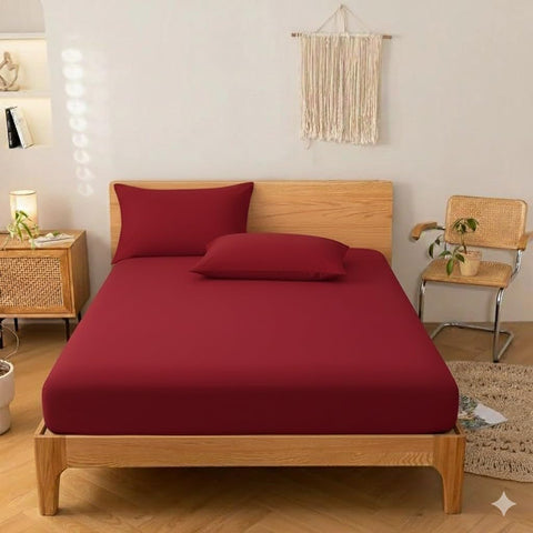 Khoyot Hotel-style plain cotton fitted sheet set - 4 pieces (1 sheet - 1 pillow - 2 pillowcases) - Size (160cmx200cmx30cm) - Red
