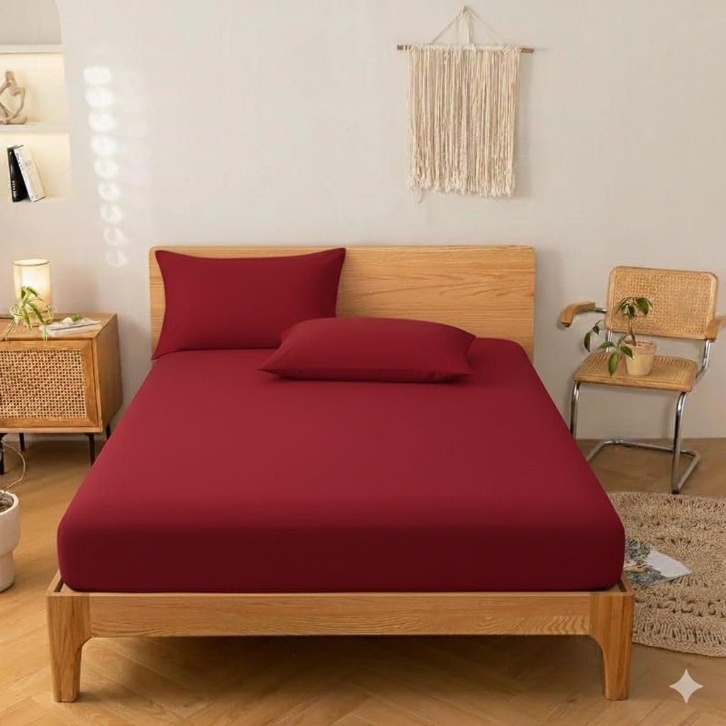 Khoyot Hotel-style plain cotton fitted sheet set - 4 pieces (1 sheet - 1 pillow - 2 pillowcases) - Size (150cmx200cmx30cm) - Red