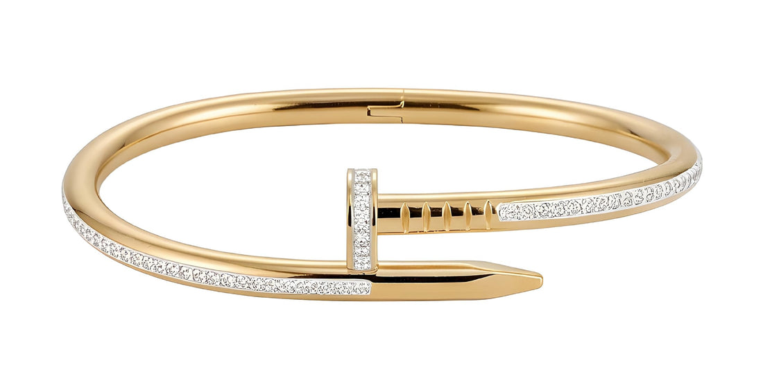 18K Gold Plated Nail Bangle Bracelet – Crystal Pave Inlay Designer Inspired Hinged Cuff – Minimalist Modern Jewelry for Women