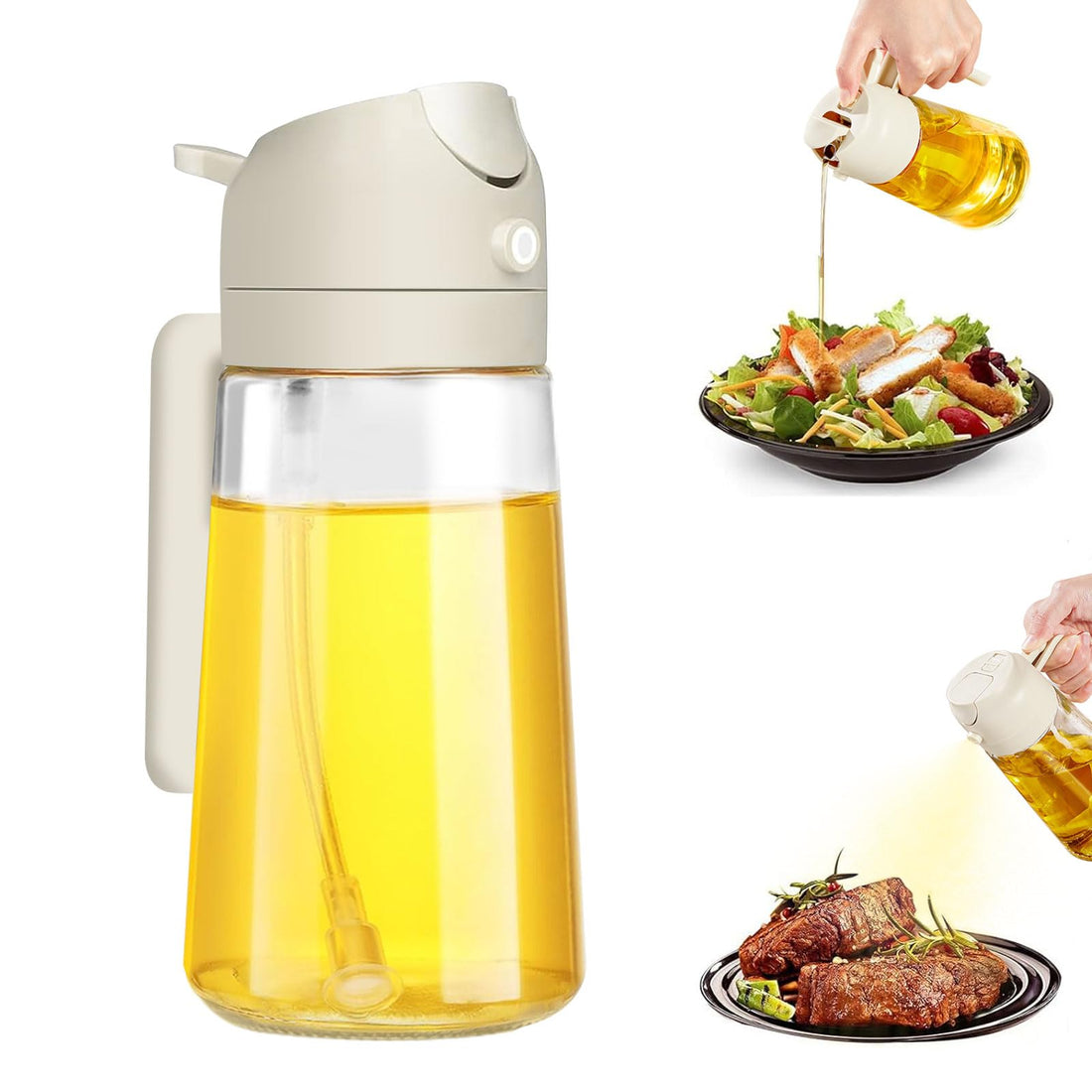 Olive Oil Dispenser, Oil Spray Bottle, 2 in 1 Oil Sprayer for Cooking,15.8oz/470ml Premium Glass Oil Bottle, for Kitchen Cooking Air Fryer Roasting Salad Baking Grilling (White)