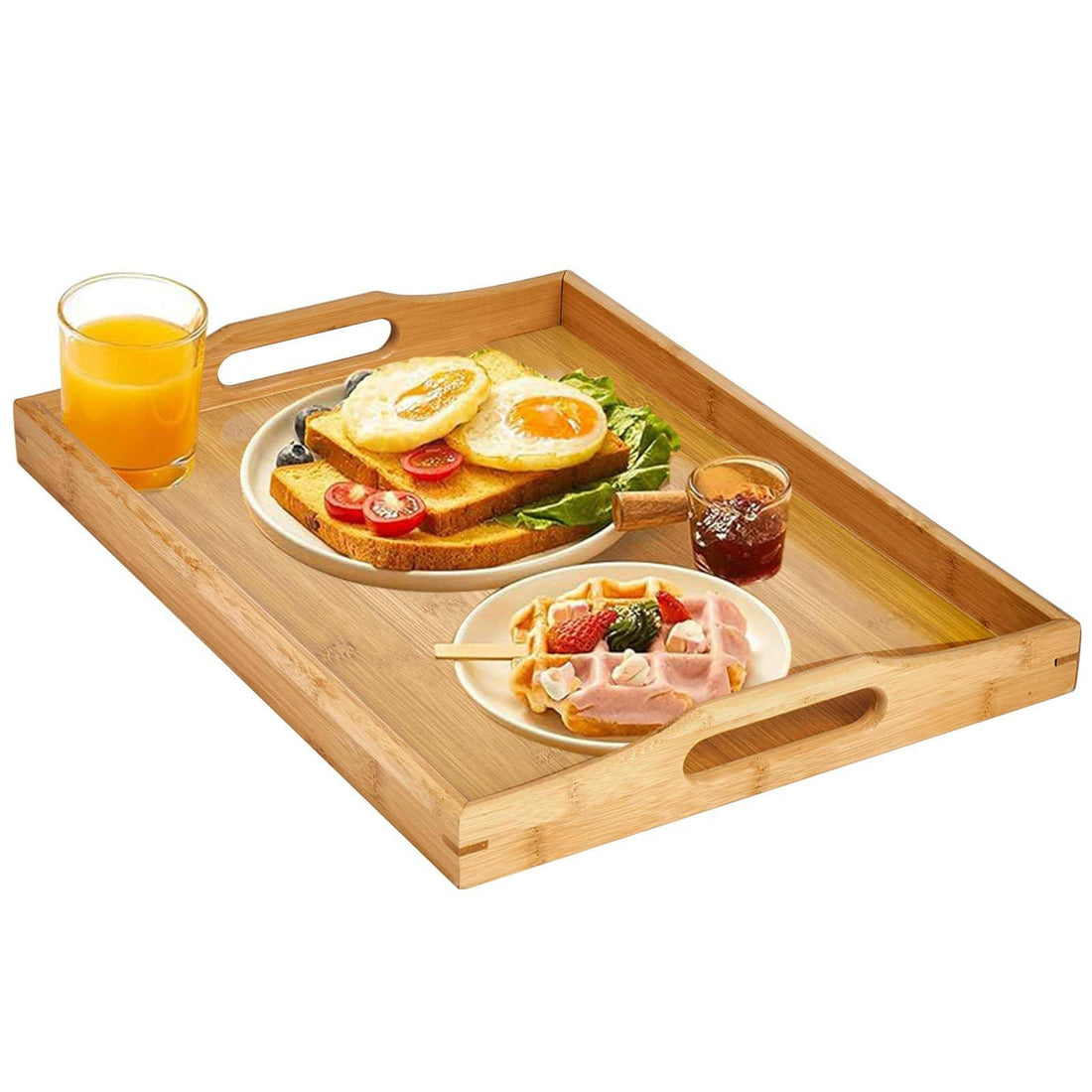 ALMEKAQUZ Serving Tray, Wooden Food Tray with Handles, Bamboo Breakfast Tray for Eating, Wood Kitchen Tray for Food, Drinks, Snack, Fruit, Wooden Serving Board for Kitchen, Counter, Party, Restaurants