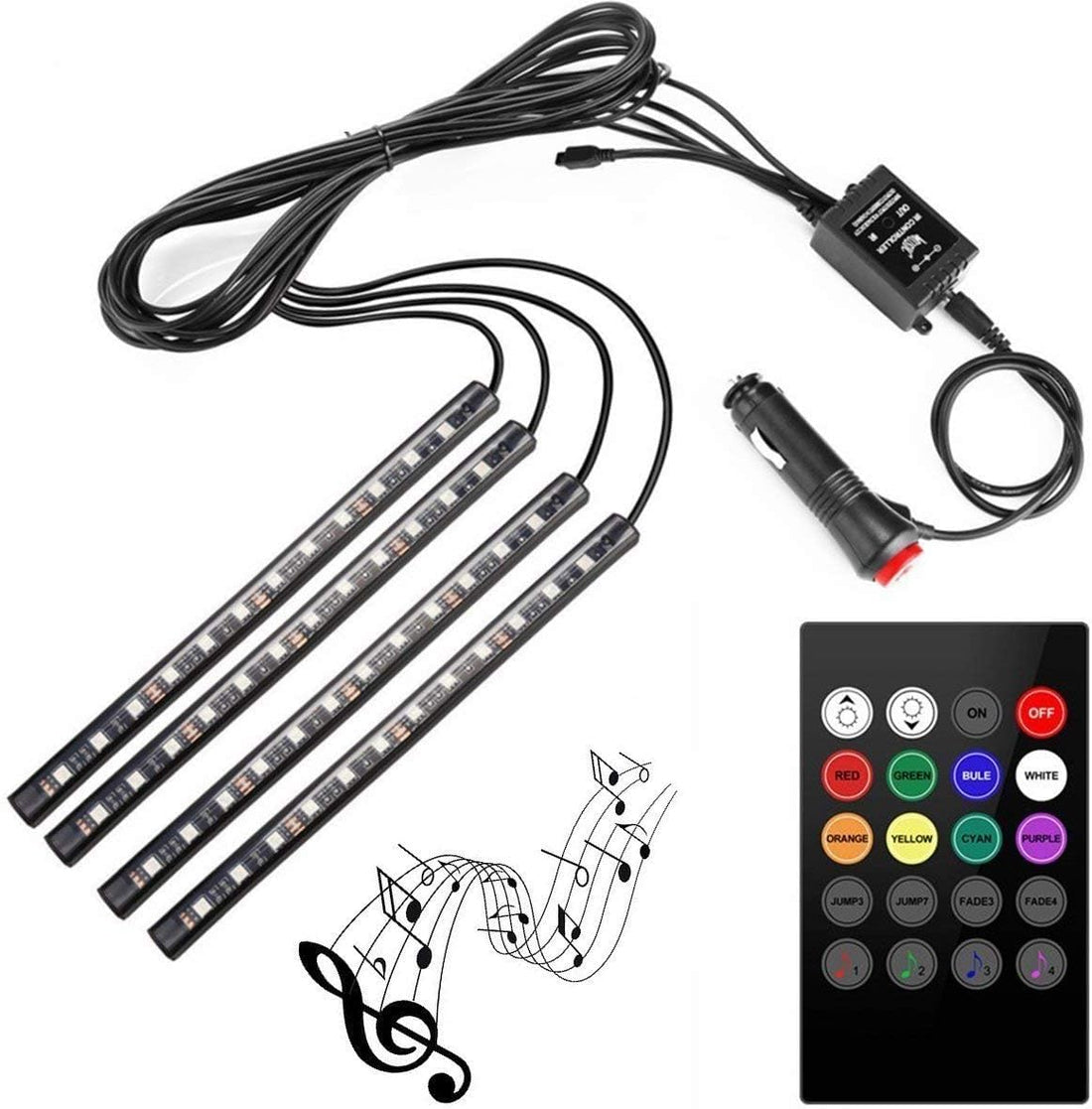 AUTOMIZ 4 Pcs DC 12V Multicolor LED Interior Light Kit Under Panel Lighting Kit with Voice Activated Function Wireless Remote Control 48 LEDs