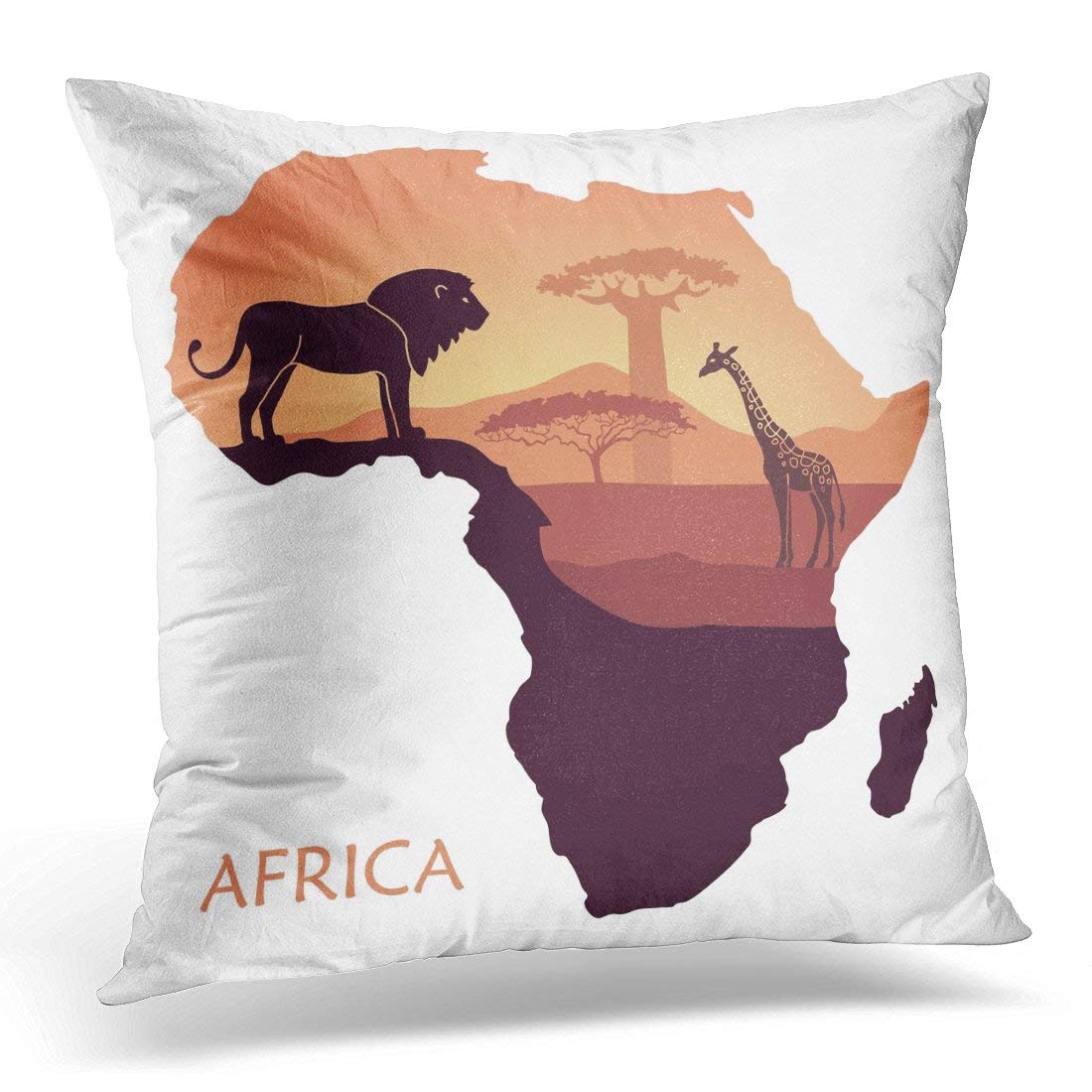 NA Throw Pillow Covers Orange African Sunset in The Savannah Landscape Form of Map Africa Animal Decorative Pillow Case Home Decor Square Pillowcase