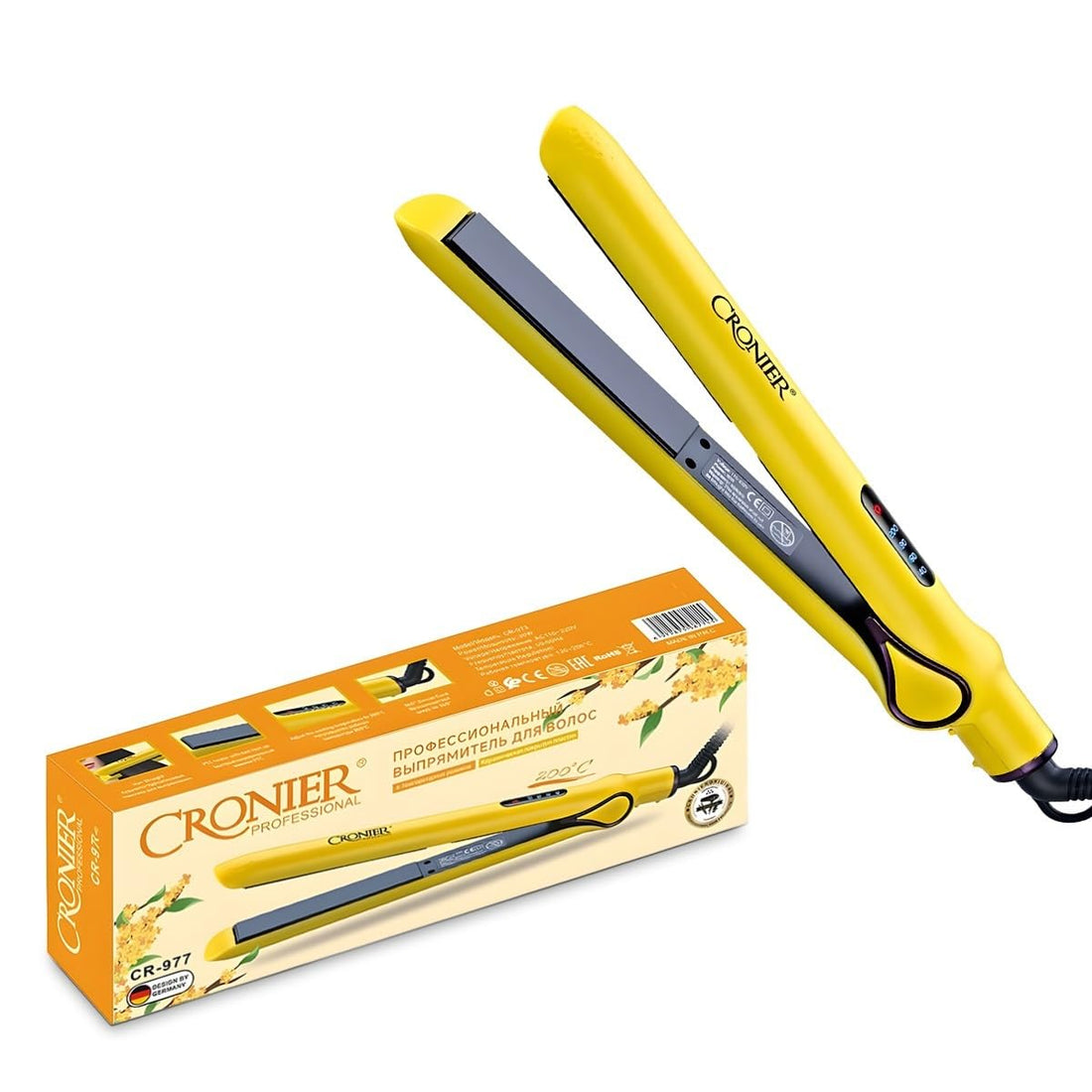 Hair Straightener Flat Iron Ceramic Plates 200°C Heat 4 Temperature Settings Fast Heating for Curly & Straight Hair with Power Indicator Light and 360° Rotating Cord, CR-977