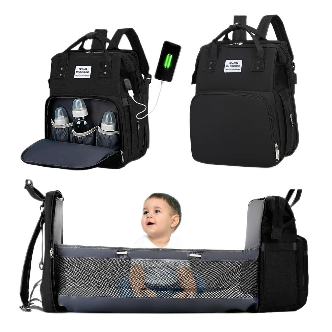 hanso diaper bag with bed diaper bag backpack travel baby bed Large Capacity Maternity Bag - Waterproof Baby Bed, Diaper Changing Backpack, and Baby Care Handbag in One (Black)