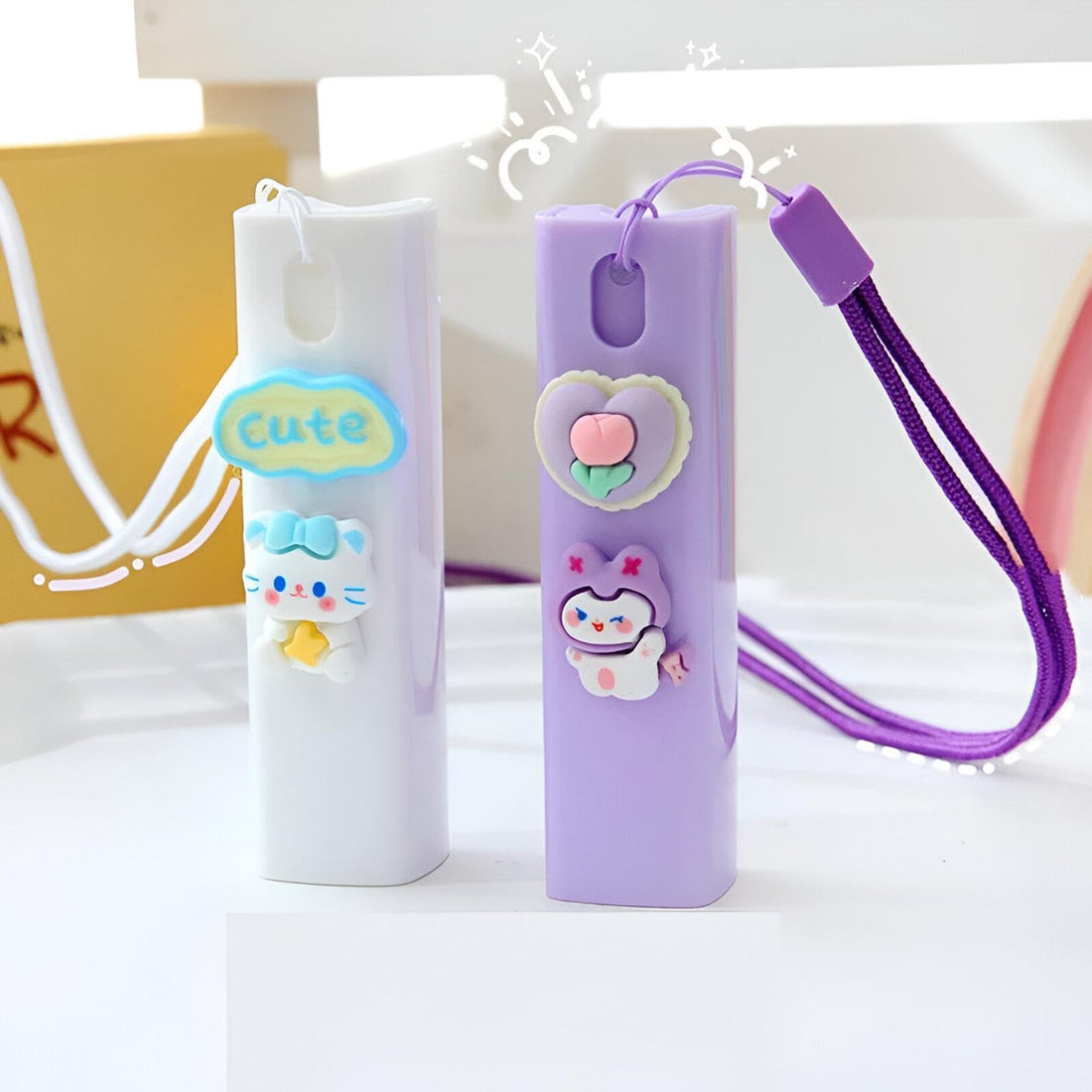 Hand Sanitizer Bottle - 10ml Cute Mini Spray Atomizer for Travel, Refillable with Funnels and Droppers, Comes with a Colorful Silicone Case and Hanging Rope (2PCS)