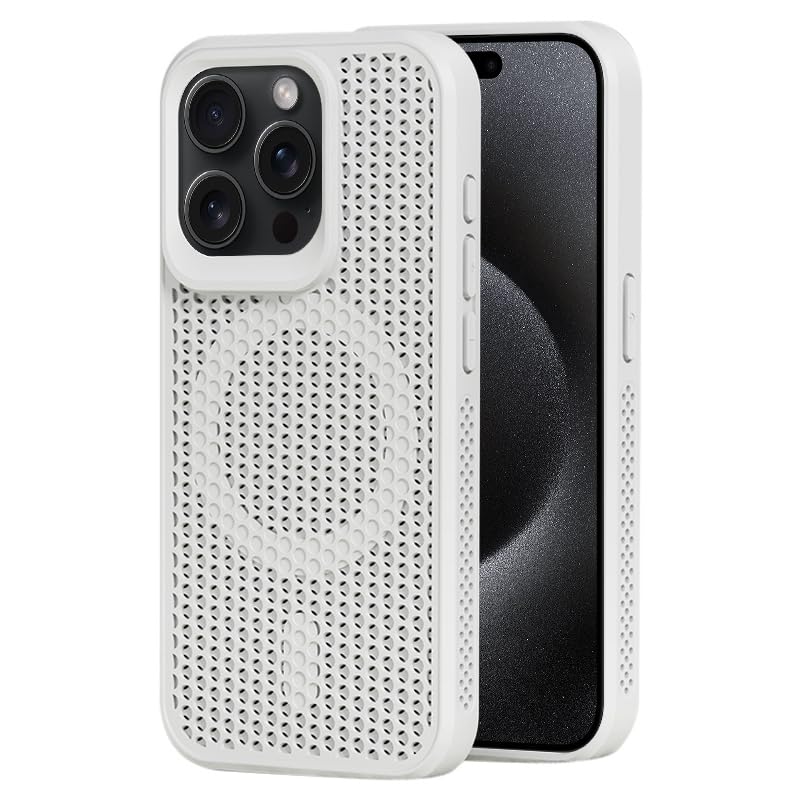 Mobile Magic TPU + PC Mesh Breathable Heat Dissipation Cover Ultra Thin Case with Magnetic Ring For Apple iPhone 15 Pro Max 6.7 Inch (White)
