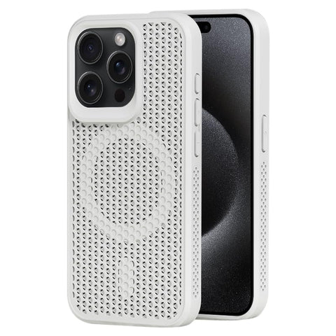 Mobile Magic TPU + PC Mesh Breathable Heat Dissipation Cover Ultra Thin Case with Magnetic Ring For Apple iPhone 15 Pro Max 6.7 Inch (White)