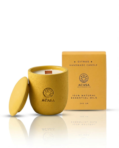 ACASA Handmade Citrus Scented Candle, 240 g – Natural Essential Oils, Soy Wax 464, Wooden Wick, Reusable Pottery Jar