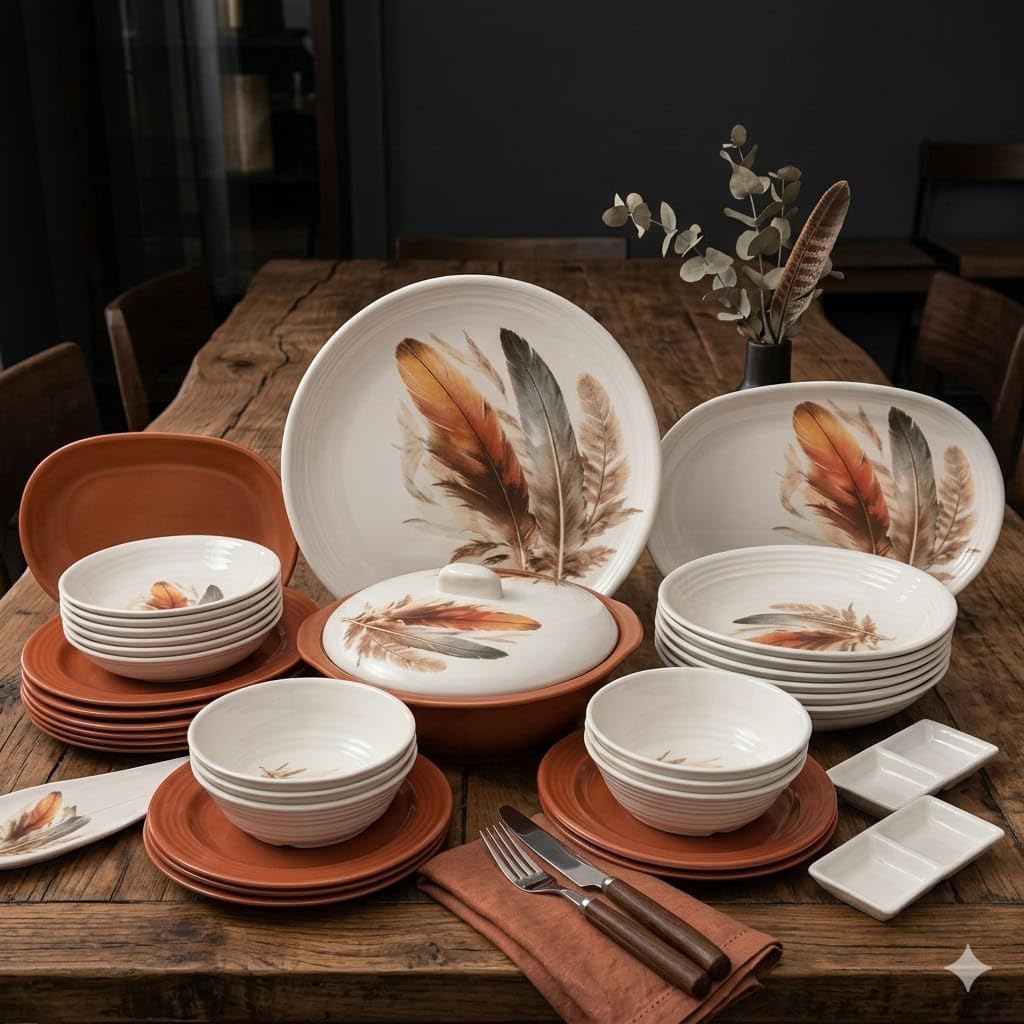 Melamine Plates and Bowls Set, Rose and White Flower Design, 38 Pieces, Round, Glossy, Microwave and Dishwasher Safe