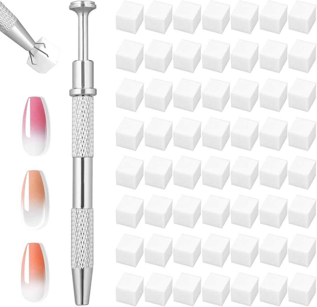 Nail Art Gradient Patting Gel Sponge With Grabbing Pen, High-Density Blush Sponge, Mini Square Manicure, Nail Accessories Art Tools Nail Stain -50pcs+pen-silver or gold