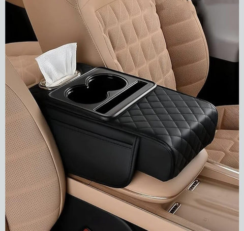 Armrest Cushion - Thick Comfort Pad with Cup Holder and Tissue for Car Console Center Armrest Organizer Bag Multicolor Double Color Cup Holders Black