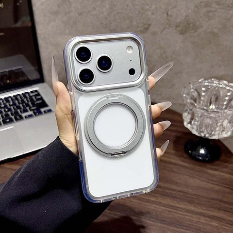 GRABIST Magnetic Clear Case for iPhone 17 Pro Max, Military Grade Drop Protection, Compatible with Wireless Charging, 360° Metal Kickstand, Slim Crystal Clear Finish, Shockproof TPU Cover (Silver)