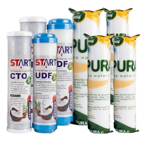 Imported Water Filter Cartridges Set, 8 Pieces, 4 Core, 2 Stages Second, 2 Triple Stages, START CTO, UDF, PURA