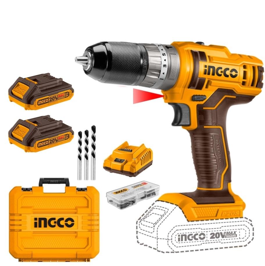 INGCO Cordless Impact Drill 20V, 2x2Ah Li-Ion Batteries, Spindle Lock Function, 45Nm Torque, 10mm Metal Chuck, 47pcs Accessories - Model: CIDLI201452