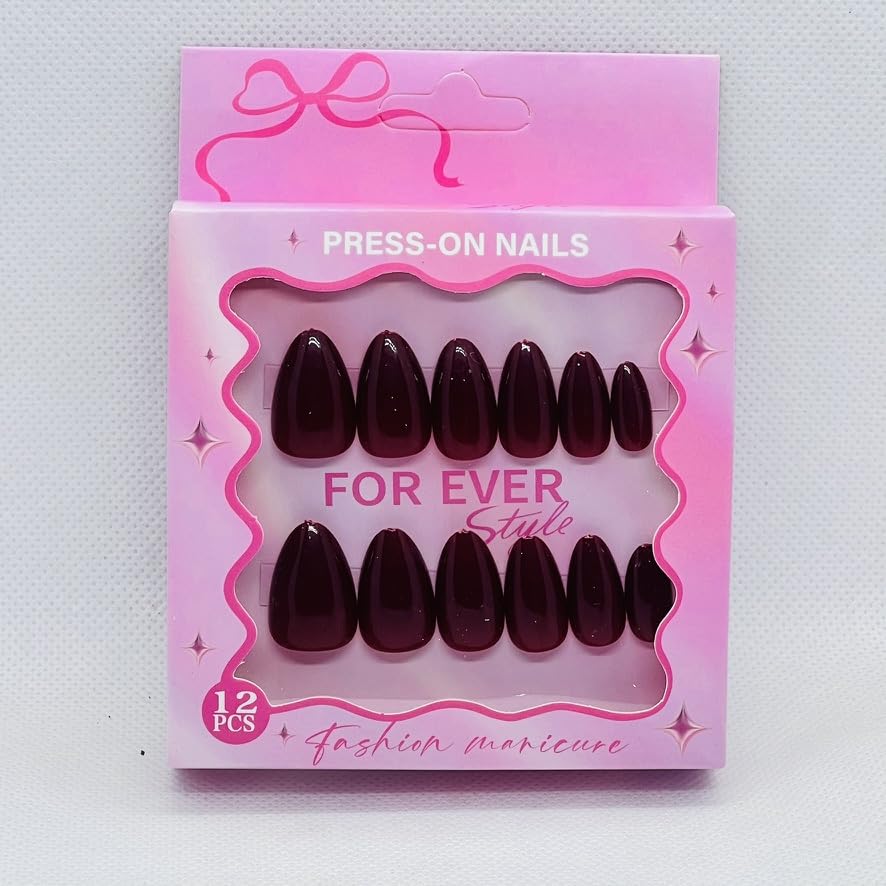 Gel Finish Press On Nails for Women – Premium Glossy Fake Nails Reusable Salon Style Manicure – 12 Trendy Colors (Dark Red)