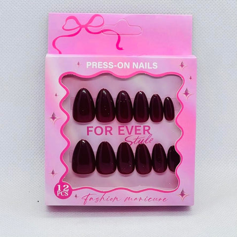 Gel Finish Press On Nails for Women – Premium Glossy Fake Nails Reusable Salon Style Manicure – 12 Trendy Colors (Dark Red)