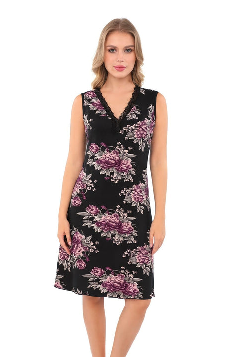 Dabbagh Women's Sleeveless Home Sleep Dress – Long Nightgown with Lace Neckline and Soft Floral Print, Comfortable for Sleeping and Relaxing at Home