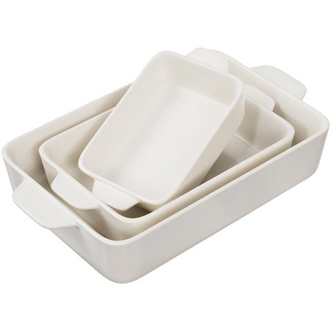 Baking Tray - Set of 3 ceramic oven-safe pans with handles, deep lasagna pans in creamin color, sizes 8 x 5, 11 x 7, and 8.5 x 14 inches, perfect for baking and gifting.