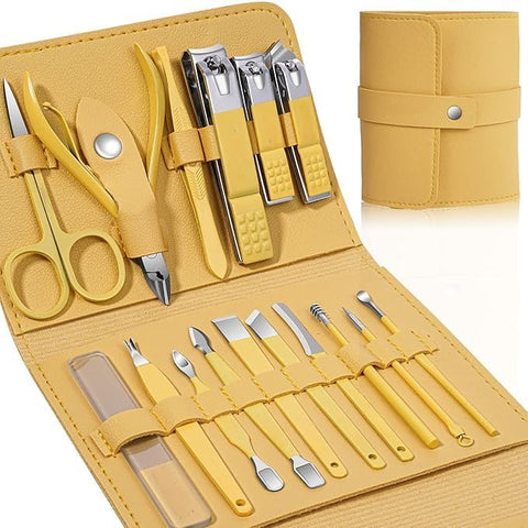 Manicure Set Professional 16 Pieces Stainless Steel Manicure Set with Luxury Leather Case Travel Thick Nails Gifts for Women (Yellow)
