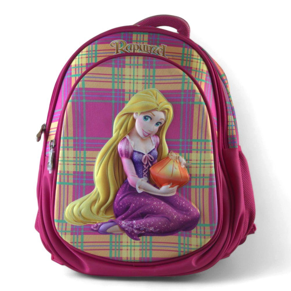 School Backpack, Pink Plaid Pattern with 3D Character Design, Padded Straps