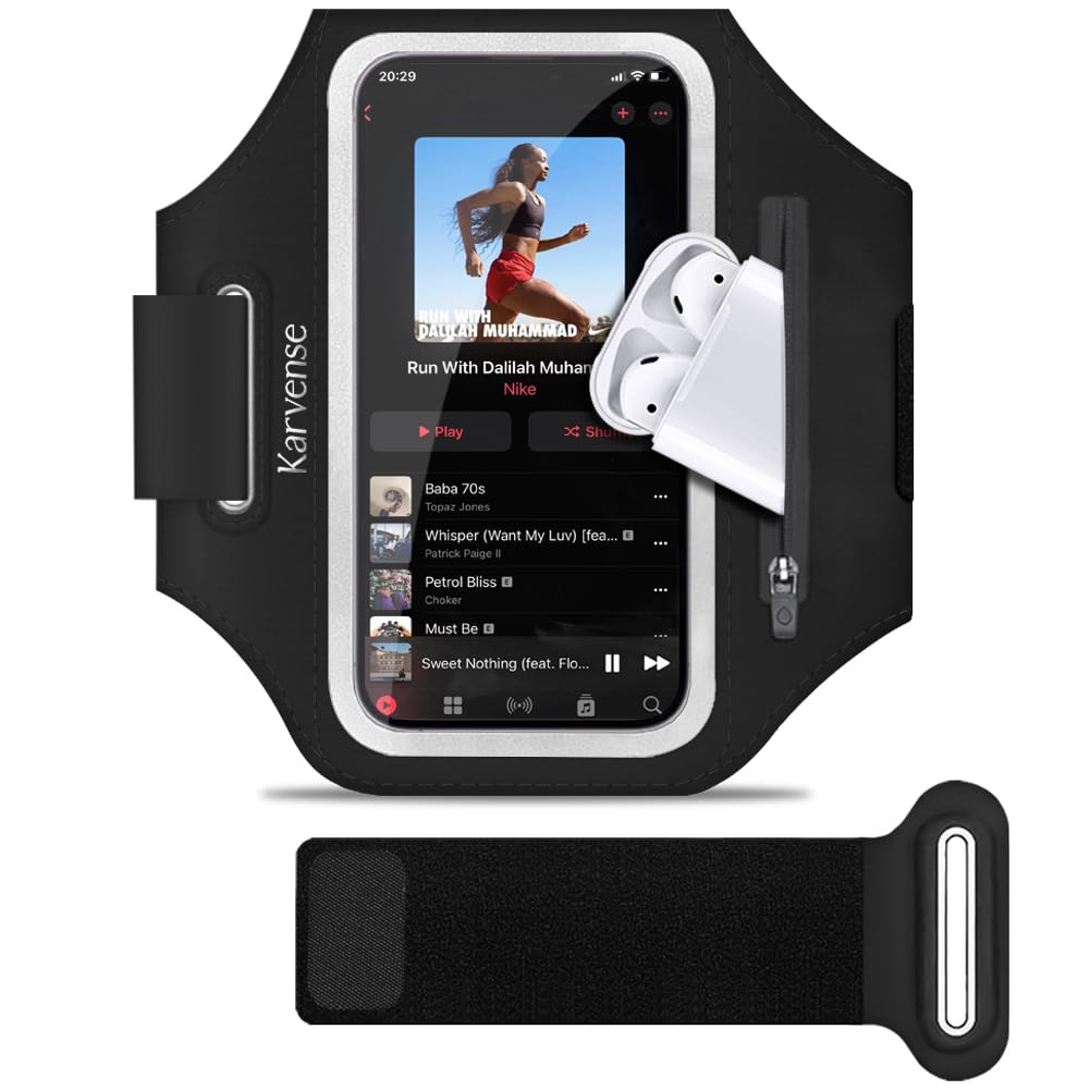 Phone Holder for Running, Karvense Phone Arm Bands for Running Gym Workout Jogging, for iPhone 15 Pro/15/14 Pro/14/13 Pro/13/12 Pro/11/XR, Samsung Galaxy, to 6.2'', Cell Phone Armband w/Zipper Pocket