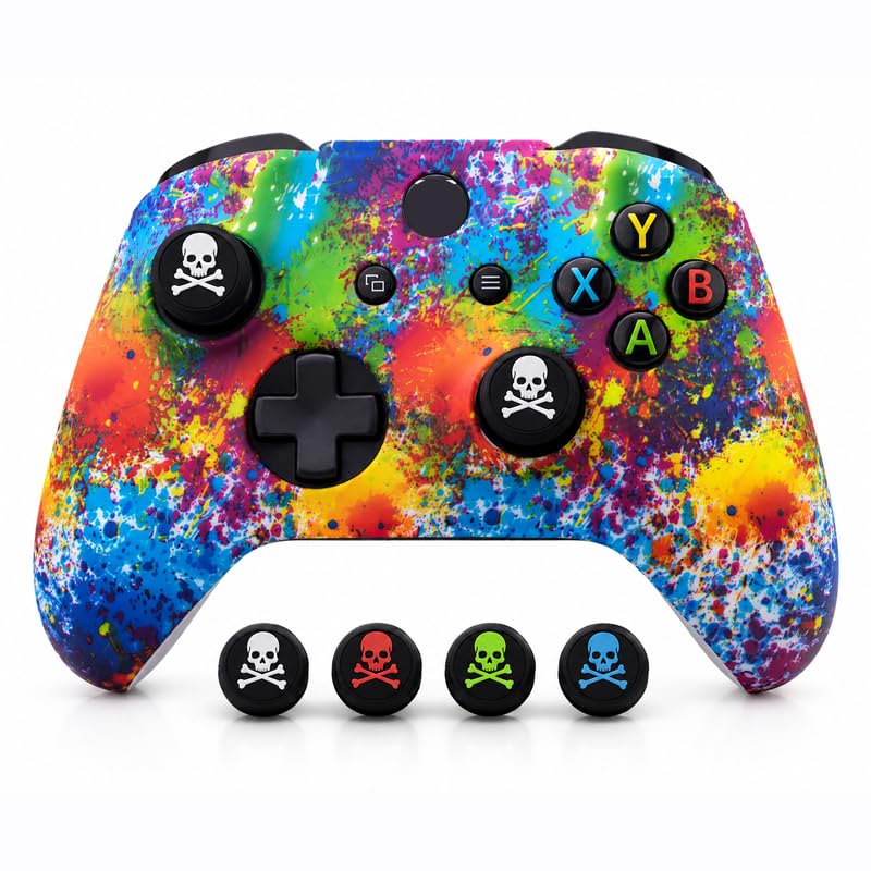 Gamer X Neon Splash Silicone Controller Cover with Skull Thumb Grip Caps, Anti-Slip Protective Case Compatible with Xbox One Controllers