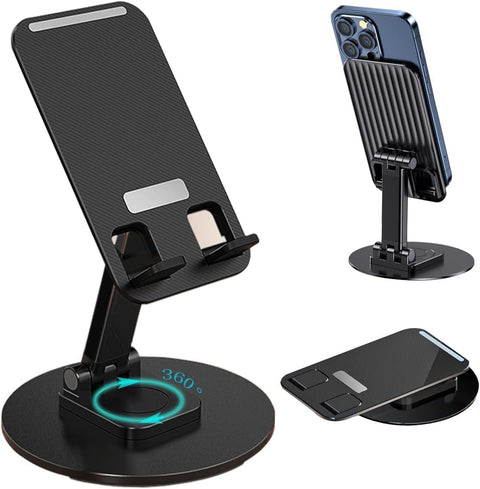 WALLVIEW TECH Mobile Phone Stand 360° Rotation Height and Angle Adjustable Cell Phone Stand for Desk Office Foldable Desktop Phone Holder for Smartphone 4-10'' Tablet Holder (Black)