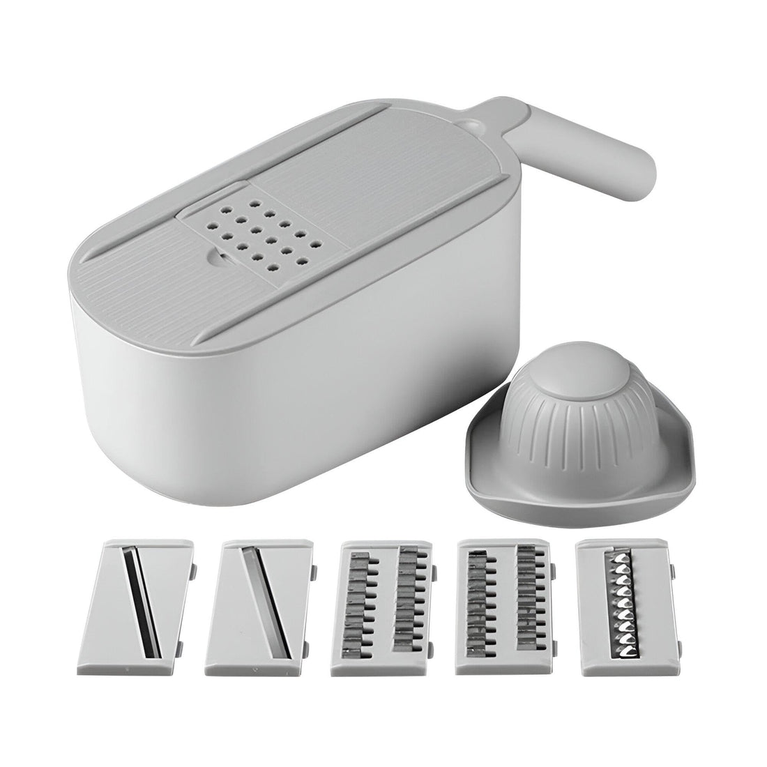 Salad slicer-a universal vegetable slicer and grater with a collection basket, drainage system and interchangeable blades is ideal for easily chopping onions, carrots, cucumbers and potatoes