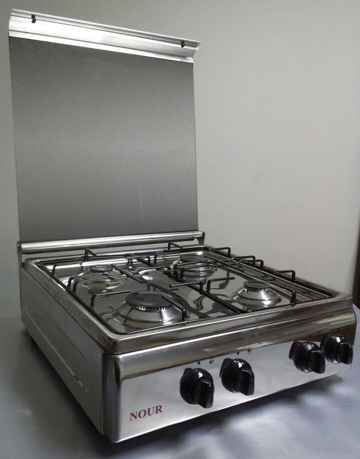 Noor Gas Flat Cooker, Stainless Steel, 4 Burners, Glass Cover, 55 * 55 - Silver