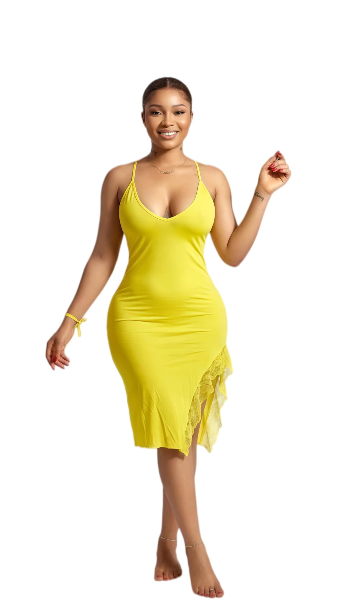MANIKAN Women's Coral Bodycon Midi Dress, Deep V-Neck, Spaghetti Straps, Lace Hem, Side Slit, Open Back