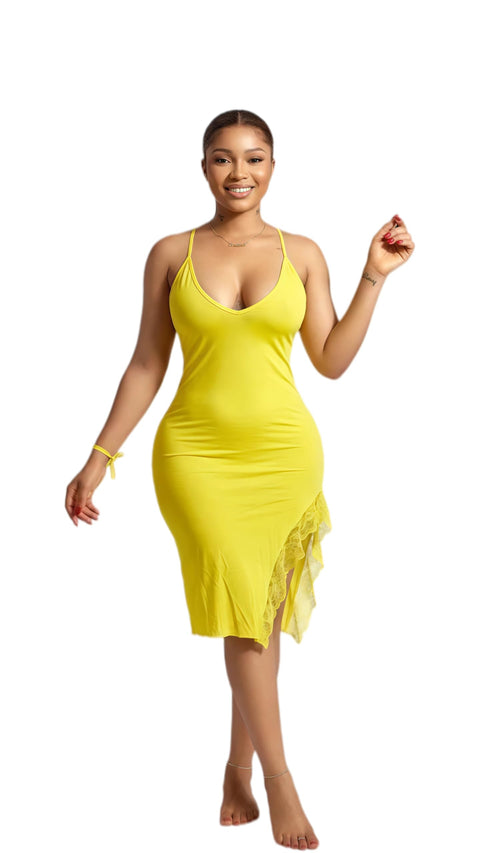 MANIKAN Women's Coral Bodycon Midi Dress, Deep V-Neck, Spaghetti Straps, Lace Hem, Side Slit, Open Back