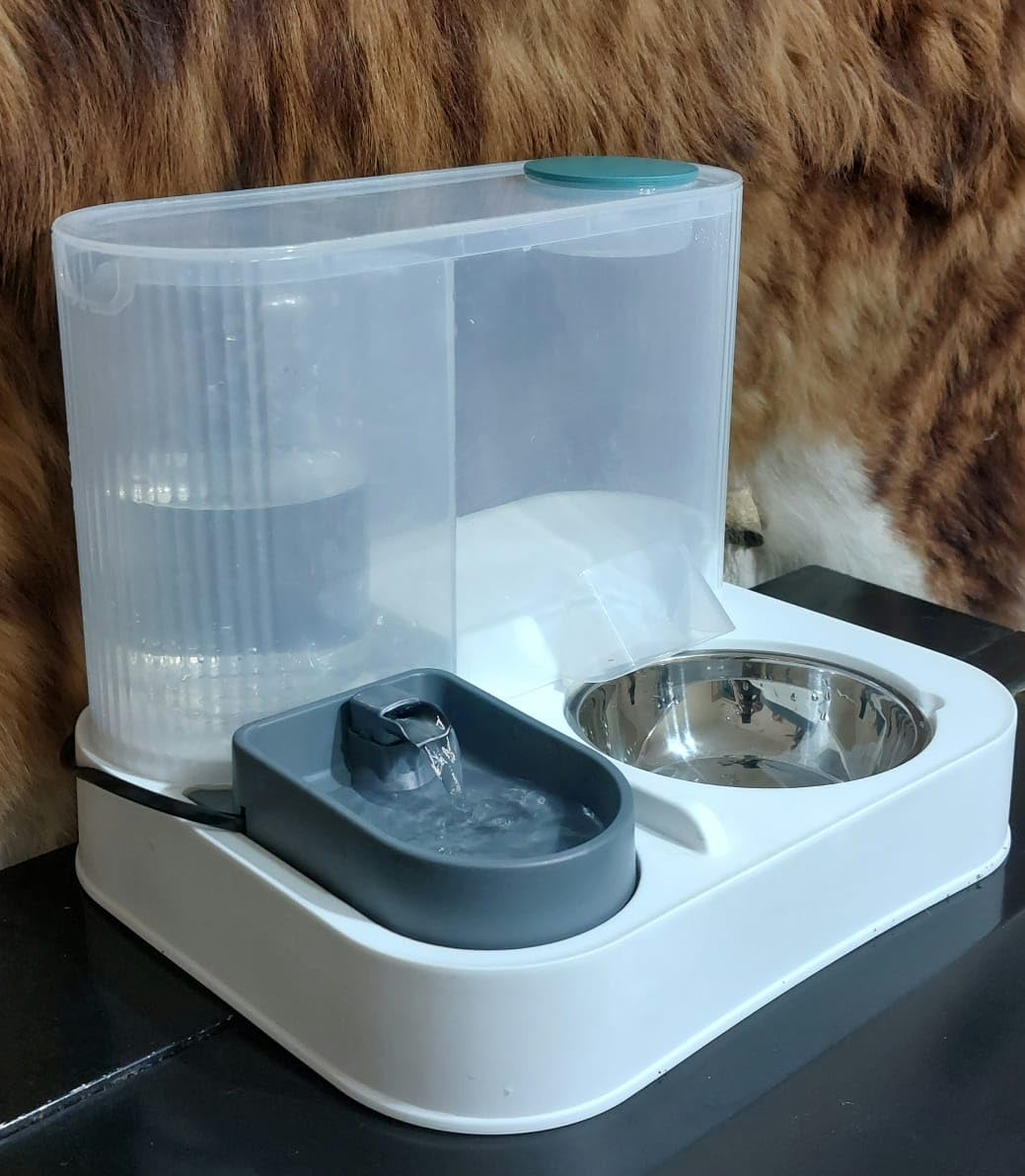 Cat Water Fountain and Dog Food Dispenser Complete with Water Feeder and Food Bowl, 3 in 1 Food and Water Container and Water Fountain with Food Bowls for Cats