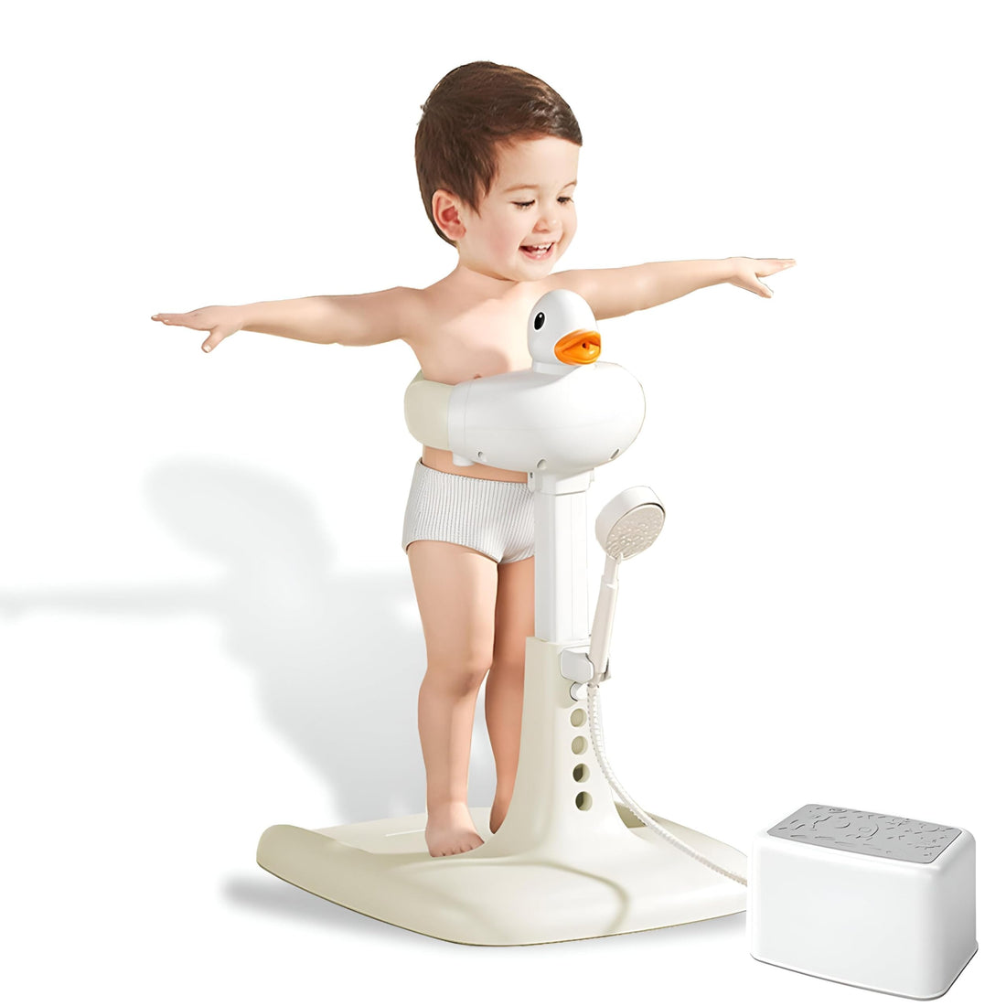 Foldable Baby Shower Stand - Height-adjustable bath station with duck decoration and non-slip feet, includes step stool for kids 6-36 months, easy storage and use.