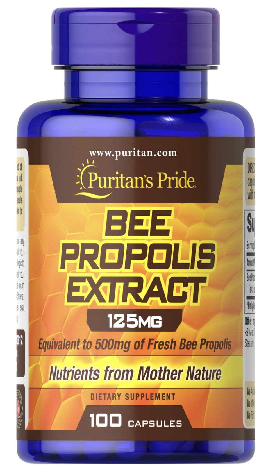 Puritan’s Pride Bee Propolis Extract, 125mg, Equivalent to 500mg Fresh Bee Propolis, Natural Antioxidant & Immune Support Supplement, 100 Capsules, Made in USA