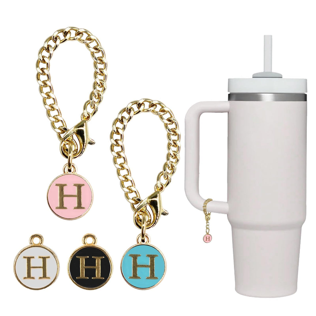Bukela 4PCS Letter Charm Accessories for Stanley Cup, Initial Charm Name ID Personalized Handle Charm for Modern Tumbler, Suitable for All Water Cup Handles Identification Letter Pendant Chain