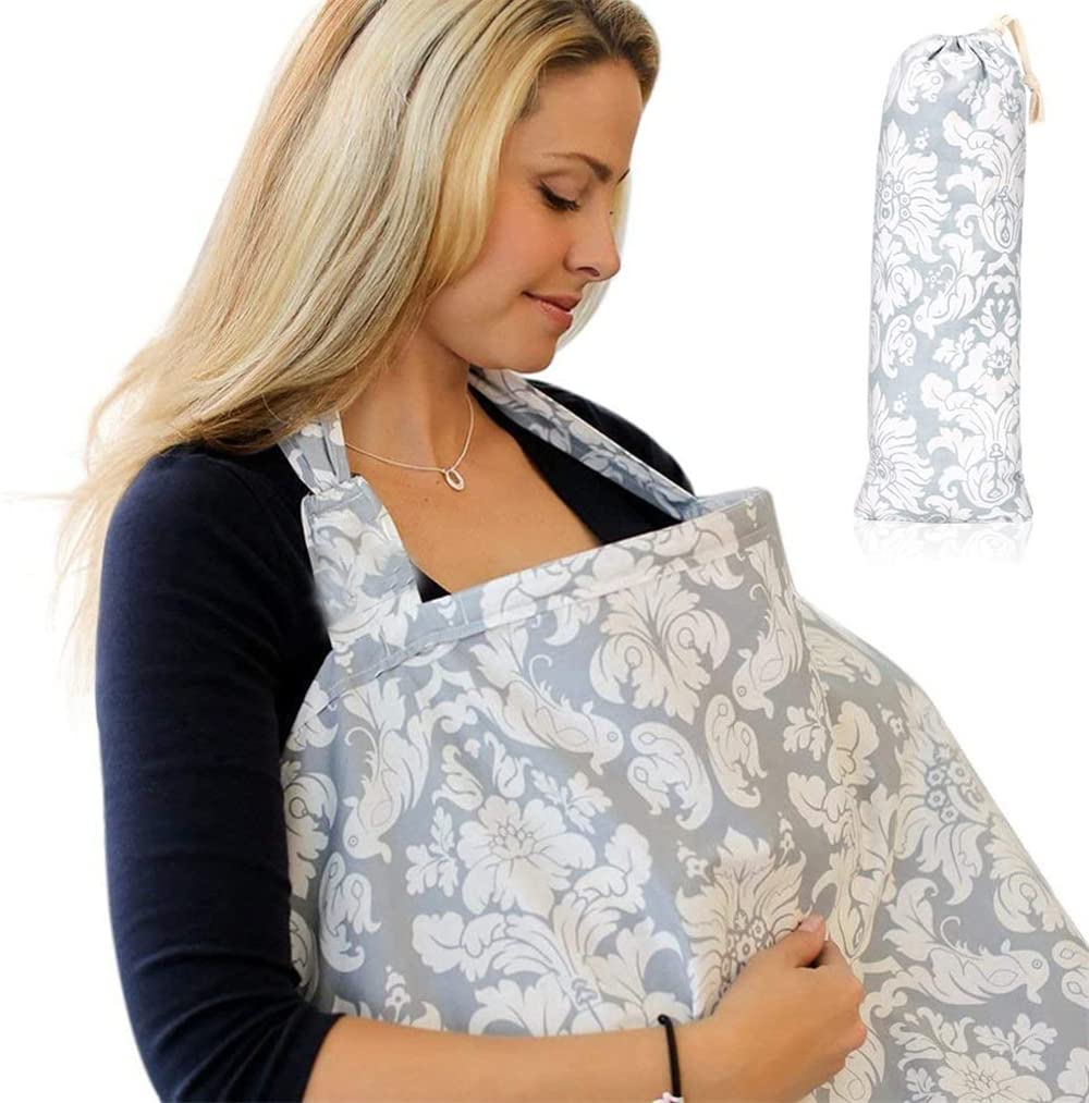 DELFINO Breastfeeding Cover Up With Adjustable Strap In Grey Damask Premium Cotton Boned Nursing Cover Breathable Lightweight Stylish Discreet incl Storage Bag (Grey)