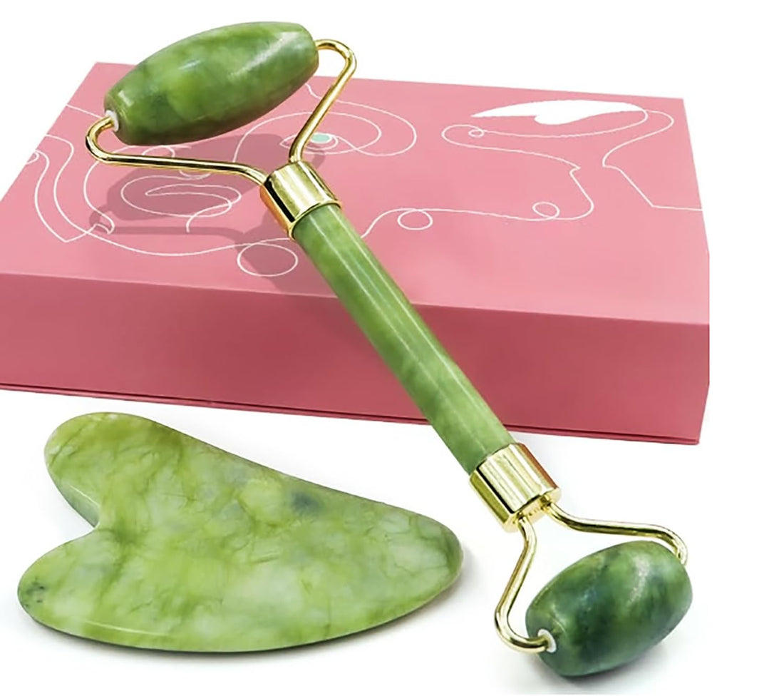 Jade Roller and Gua Sha Set - Facial Tools, 100% Natural Rose Quartz Gua Sha Stone for Skin Care Routine, reduce wrinkles aging and eyes Puffines