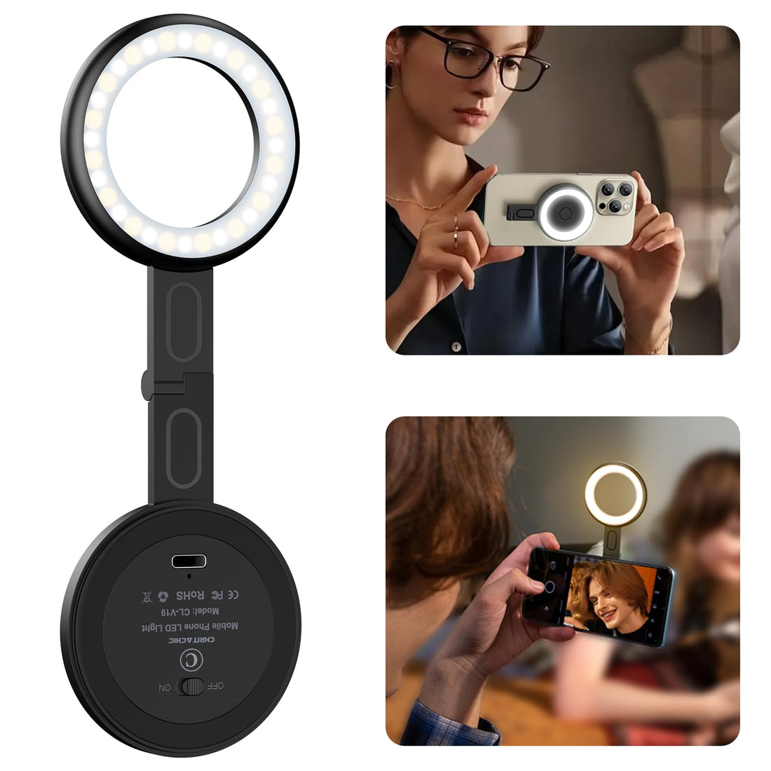 Magnetic Selfie Light–Magsafe Compatible LED Fill Light Included Sticky Ring, 6 Lighting Modes, Phone Fill Light for Photos, TikTok, Zoom, Live Streaming, Vlogging, Video Conference - Black