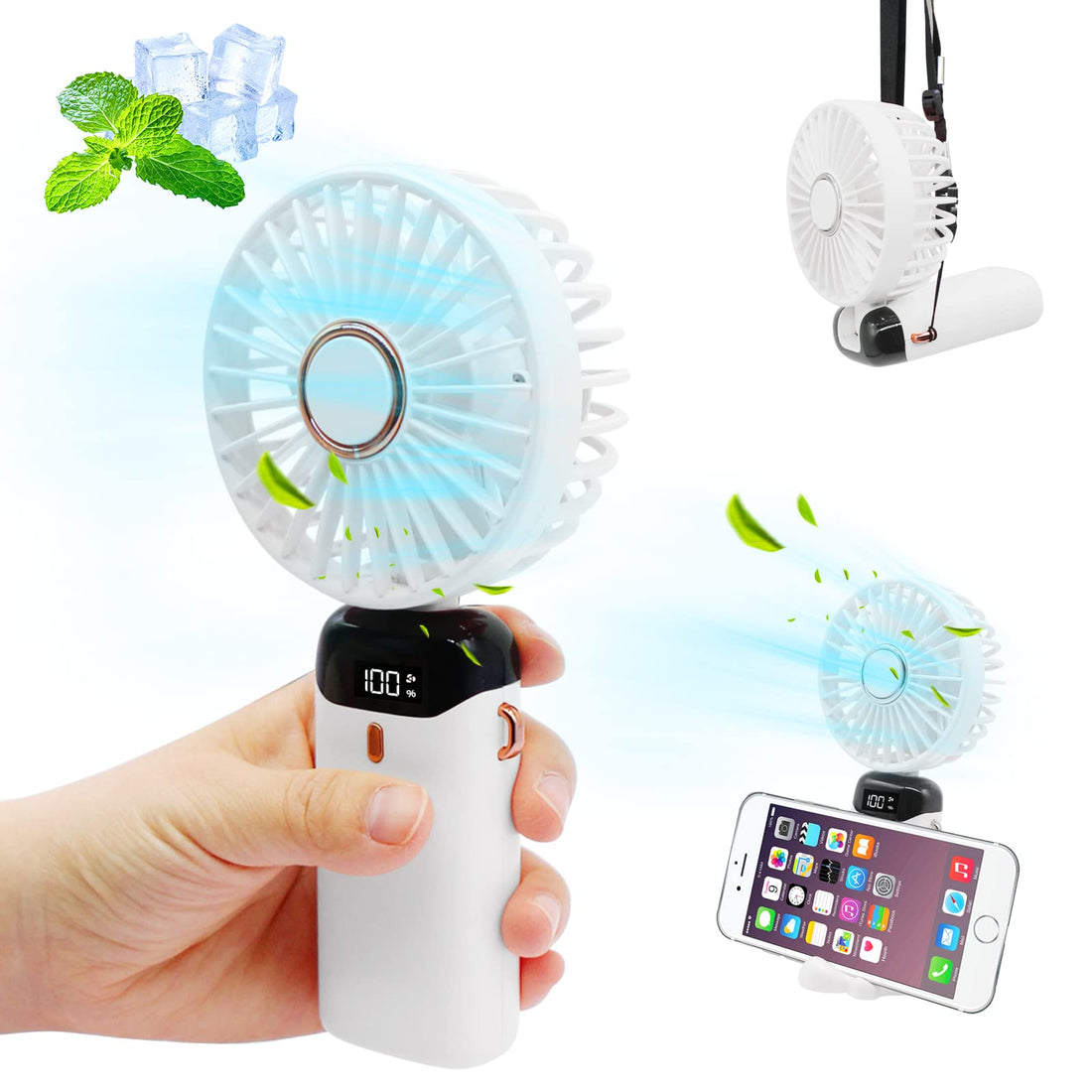 MQFORU Handheld Portable Fan, Quiet Small Window Fan, 5000mAh USB Rechargeable Personal Fan, Battery Operated Small Fan with 5 Speeds for Home Travel Commute Makeup Office (White)