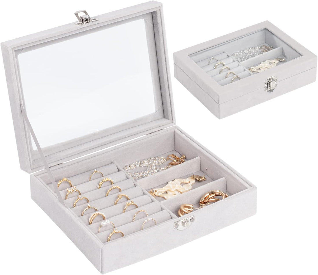 Luxury Jewelry Accessories Organizer for Women with Clear Lid, Soft Velvet Travel Size Jewelry Box, Vanity Table Organizer for Rings, Earrings, Bracelets, Brooches