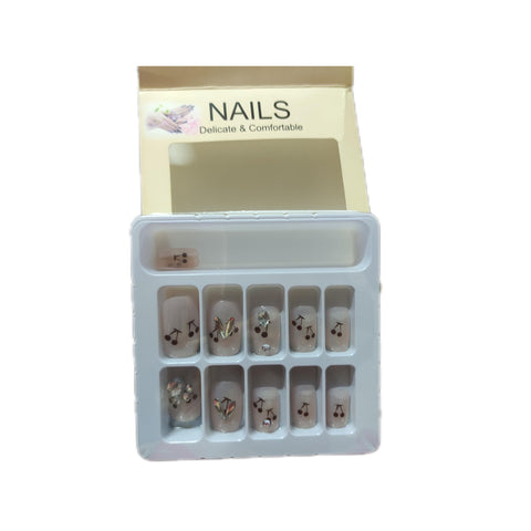 Press-On Nails with Cherry and Crystal Rhinestone Design, Nude, Delicate & Comfortable, 24 Piece Set