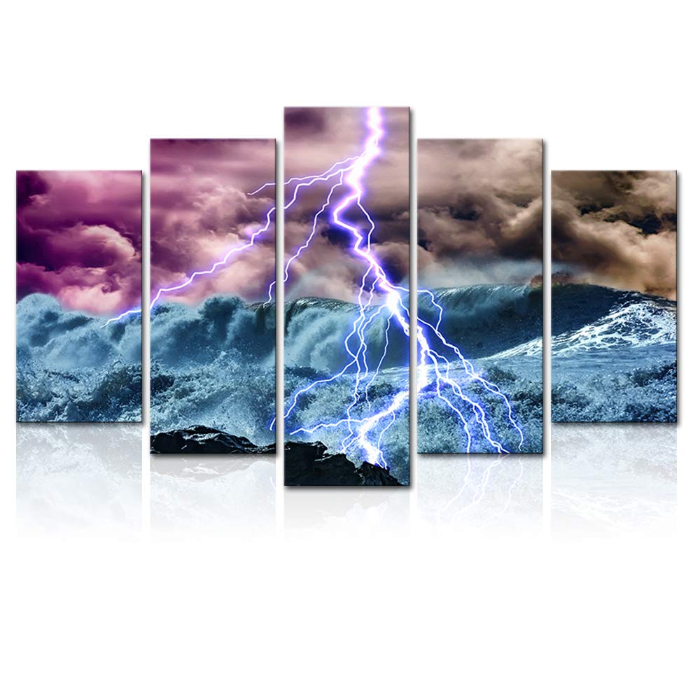5 Piece Wall Art Painting Seascape Lightning on Storm Blue Ocean Picture Print Artwork Ocean Wave Art Print for Modern Dining Living Room Home Decor Ready to Hang W-40 x H-24
