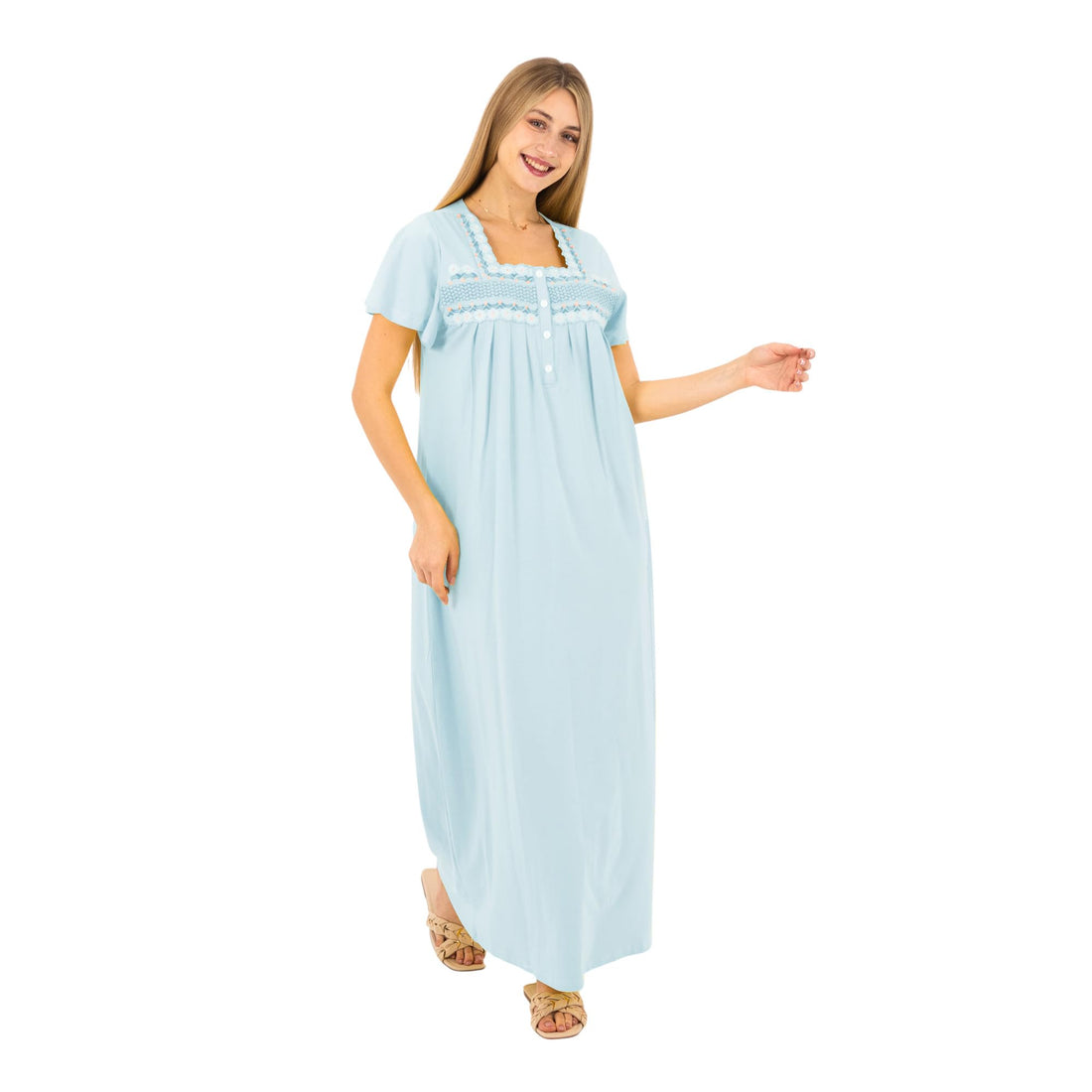 Embroidered Cotton Maxi Nightgown for Women | 1/2 Sleeve Loose Home Dress | Soft & Breathable Sleepwear | Comfortable Loungewear