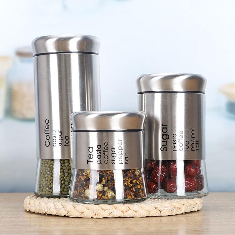 Generic Stainless Steel Kitchen Storage Jar Set with Glass Base, 3-Piece Canister Set for Coffee, Tea, Sugar, Pasta, Salt, .ho