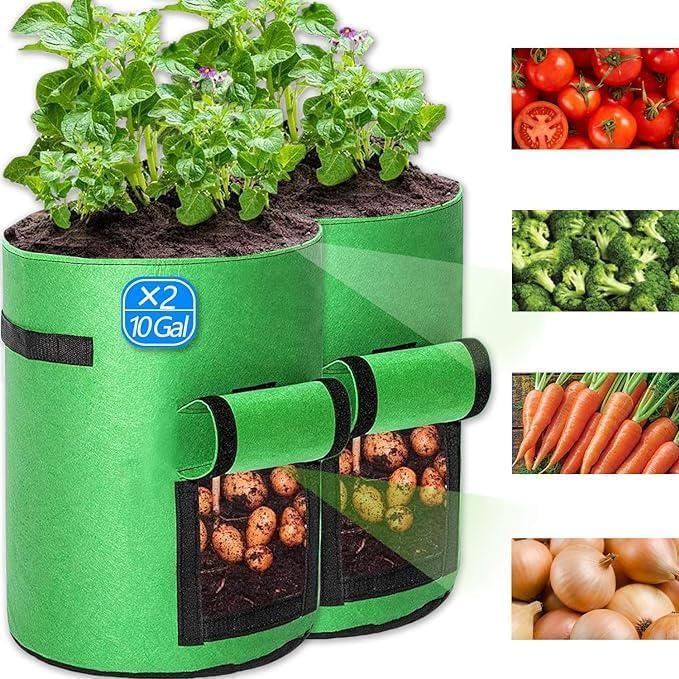 Meridian Potato Grow Bags, 10 Gallon (38 Liter) Breathable Fabric Pots with Harvest Window and Strong Handles, Home Planter Pot for Potato, Tomato, Carrot - 2 Pack, Green.