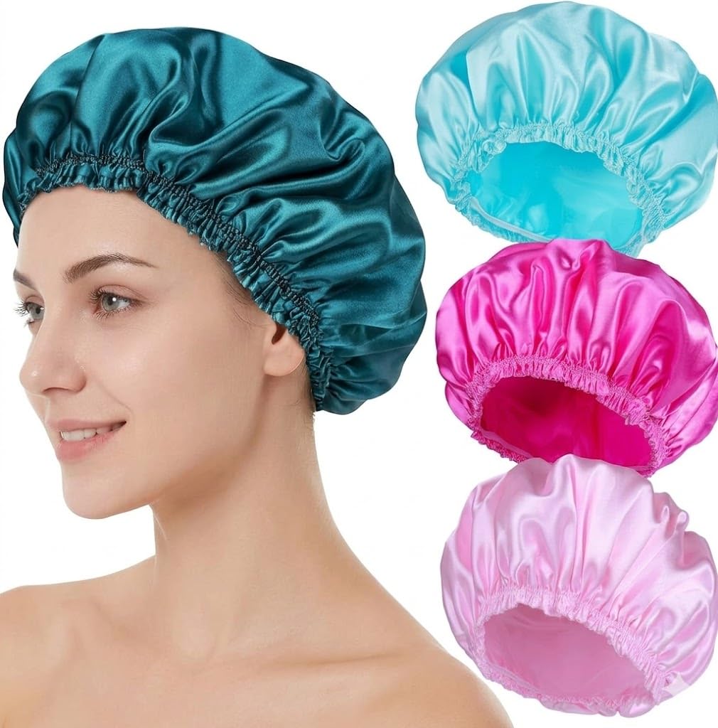 Shower Caps for Women, 1PC Elastic and Reusable Bath Caps, Double Waterproof Layers Shower Cap, Bathing Shower Caps, Environmental Protection Hair Bath Hat - Solid Color-RANDOM COLOR
